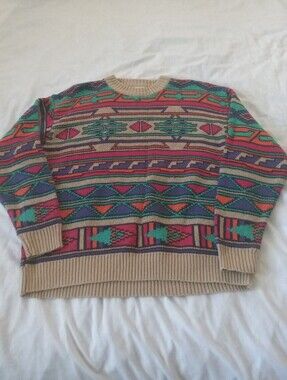 GENERRA Beige Crewneck Sweater with Multicolor Geometric Pattern